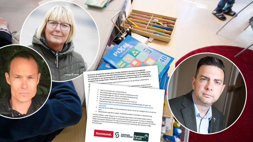 Cecilia Rahbek Nöhr är ordförande för Sveriges lärare i Eskilstuna och Wallentin Berggren är sektionsordförande inom fackförbundet Kommunal. Till höger Jimmy Jansson (S), kommunstyrlesens ordförande i Eskilstuna.