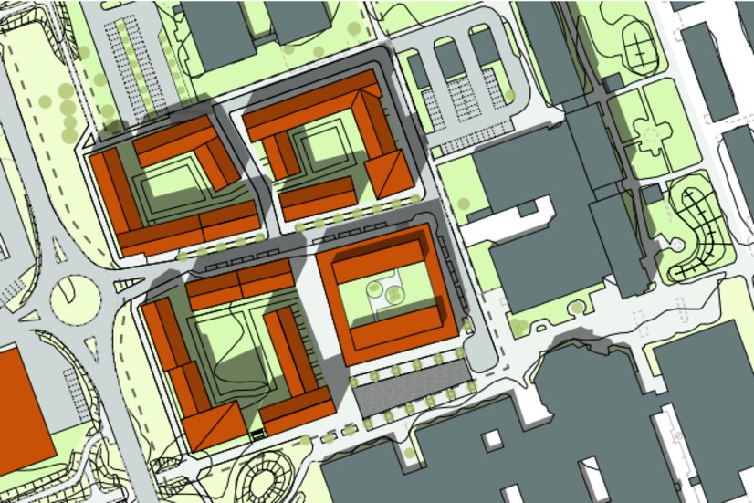 Här syns husens placering i brunt. De tar hela den befintliga parkeringen i anspråk samt gång- och cykelvägen längs Gymnasievägen (som måste flyttas). 