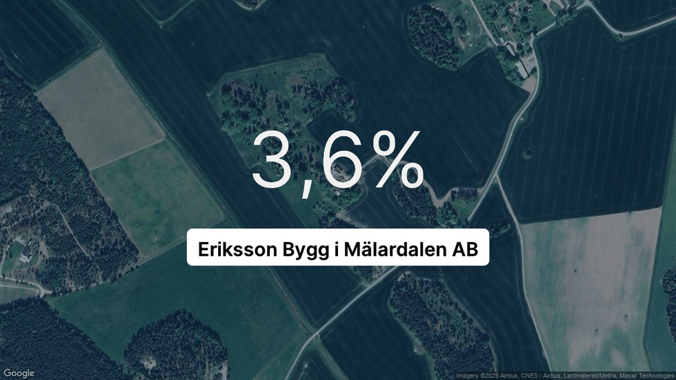 Illustrationen visar rörelsemarginalen för Eriksson Bygg i Mälardalen för det senaste året. Bakgrunden är en satellitbild över företagets adress.
