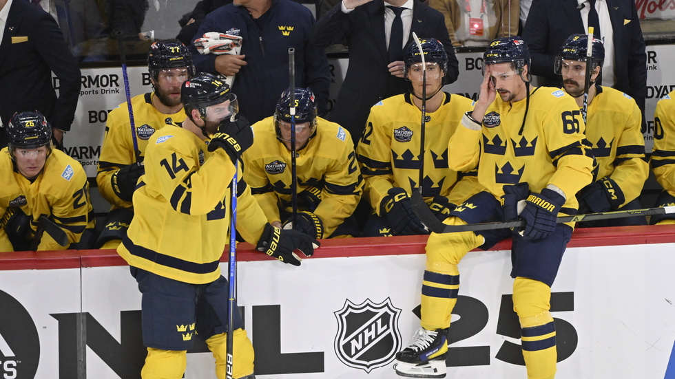 Mattias Ekholm (14) och Erik Karlsson deppar vid det svenska avbytarbåset.