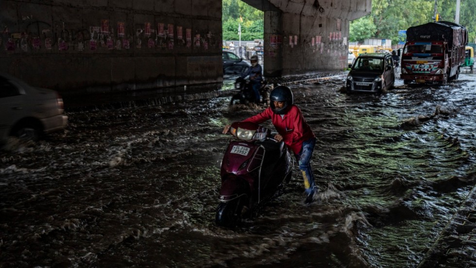 En man i New Delhi puttar sin moped längs en översvämmad väg. Bilden är från i torsdags.