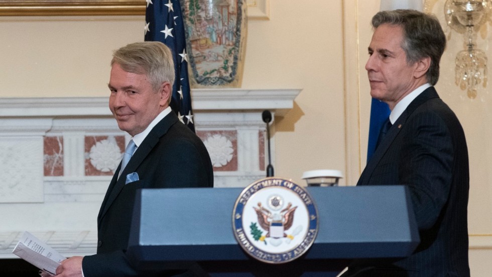 Finlands utrikesminister Pekka Haavisto och USA:s utrikesminister Antony Blinken i Washington i fredags.