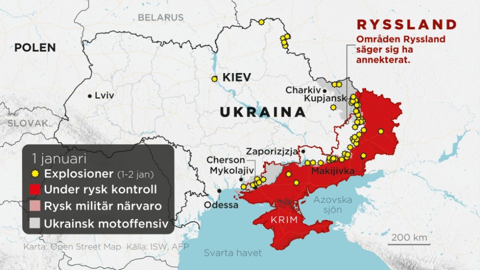 Områden under rysk kontroll, områden med rysk militär närvaro, ukrainska motoffensiver, annekterade områden samt explosioner det senaste dygnet.