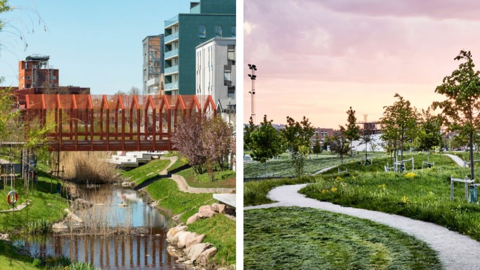 Broparken (till vänster) och Paradiset (till höger) i Vallastaden, har chans att vinna priset för bästa landskapsarkitektur. De två andra finalisterna är belägna i Stockholm och Lund.