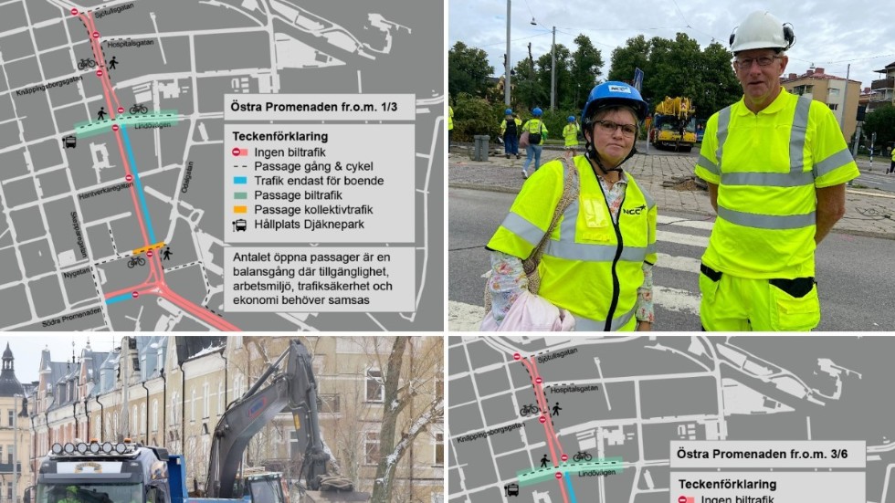 Projektledaren Michael Botvidsson tillsammans med kommunalrådet Karin Jonsson (C), när det första spadtaget togs i augusti 2021. Från och med tisdag stängs promenaden av helt.
