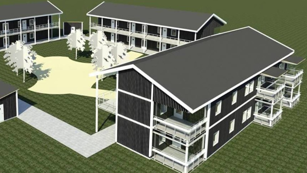 Kåge, Kvarnbacken, tidig skiss på hur Skebos hus kan se ut. 
