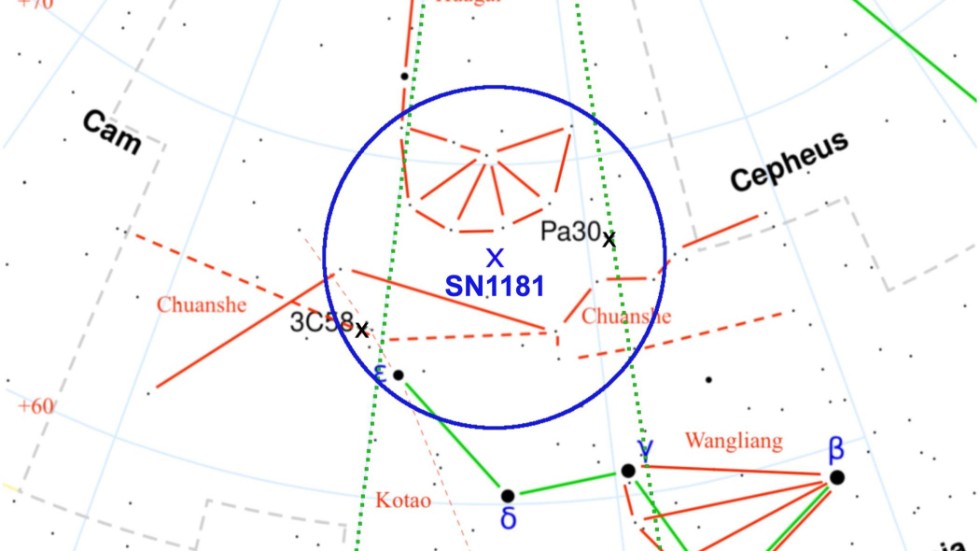 Illustrerad karta av var på stjärnhimlen SN1181 befinner sig. Orange linjer visar kinesiska stjärnbilder och de gröna visar västerländska, som Cassiopeia i nederkant.