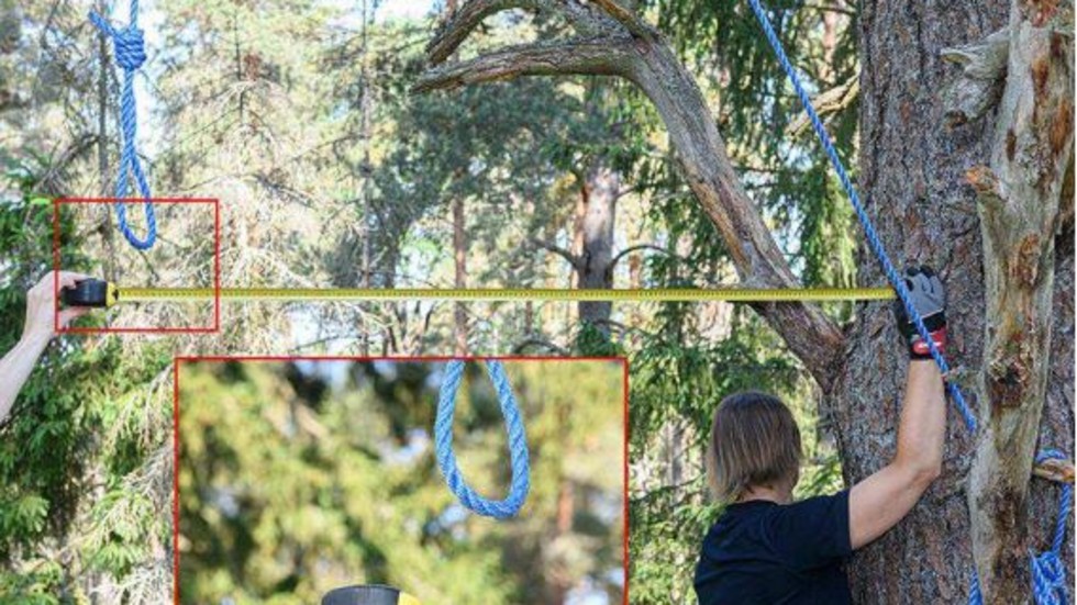 Fotodokumentation där avståndet mellan trädstam och hängsnara mäts. Bilden togs i samband med den filmade rekonstruktionen, provhängningen.