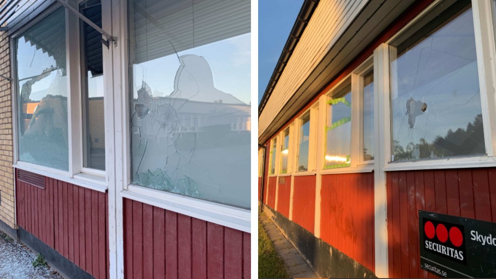 Två 16-åriga pojkar har åtalats för att ha krossat mängder av rutor i Vidingsjöskolan. (Bilderna är hämtade ur förundersökningen.) 
