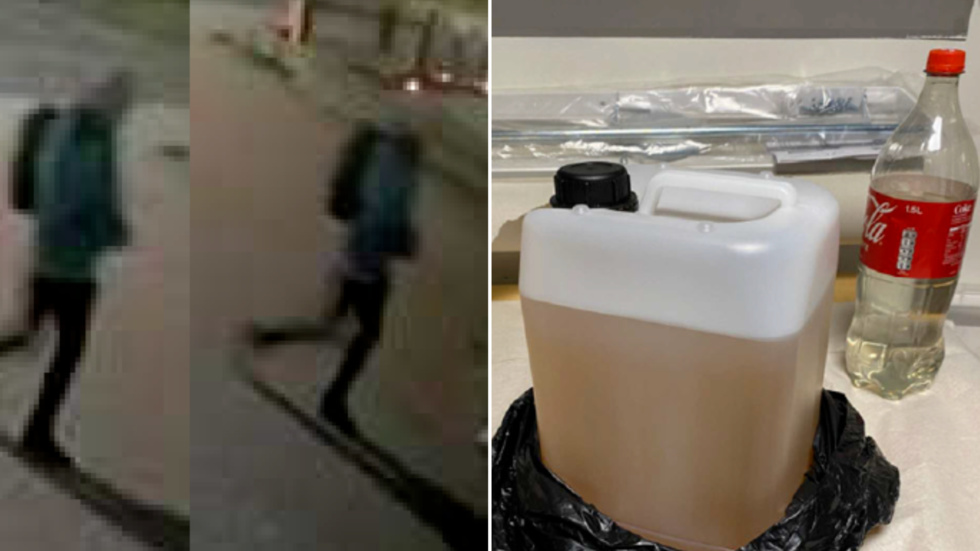 Bilder på den tidigare Västerviksbon när han rör sig vid villan han försökte tända eld på. Kort senare greps han av polisen som bland annat hittade en dunk med 4,5 liter bensin utblandat med motorolja samt tändare och tändstickor i hans ryggsäck.