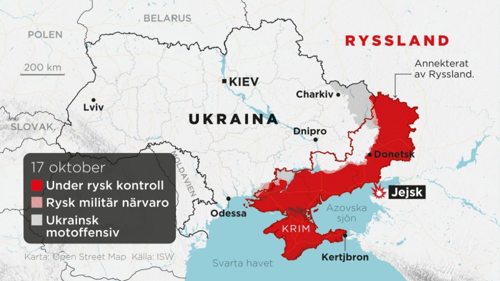 Jejsk placerad på en karta över ställningarna i kriget. Områden under rysk kontroll, områden med rysk militär närvaro, ukrainska motoffensiver samt annekterade områden, den 17 oktober.