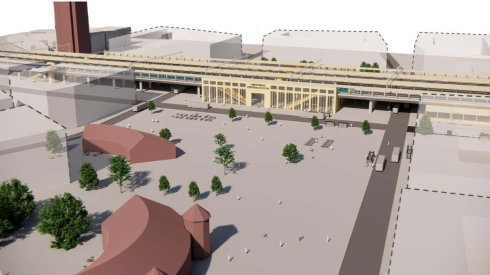 Så här illustrerar Trafikverket en upphöjd järnvägsstation i Linköping. Till höger på bilden går Sankt Larsgatan som ska förlängas och i det här alternativet passera under stationen.