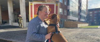 Efter branden – här återförenas Caroline, 29, med sin hund 