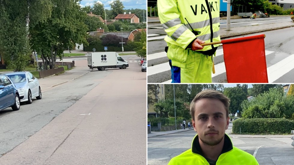 Ny beläggning kommer snart på plats på Höjdgatan, men här anses bara den vänstra sidan från kameran sett vara i behov av renovering. Flaggvakter finns på plats vid stundande arbeten, säger projekledaren Johannes Swensson.