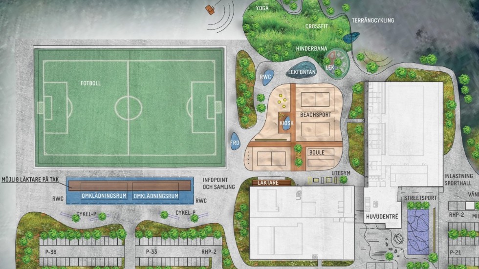 Såhär var tanken Vingåkers nya sportcentrum skulle se ut, med sporthallen till höger, simhallen i nederkant och fotbollsplan och däremellan ytor för fler utomhussporter. Nu skrotas beslutet till förmån för att renovera befintligt badhus och se över möjligheterna till en ny sporthall.