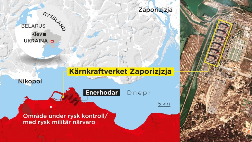 Den ryskockuperade staden Enerhodar och kärnkraftverket Zaporizjzja. På andra sidan Dnepr ligger Nikopol, i det ukrainska länet Dnipropetrovsk.