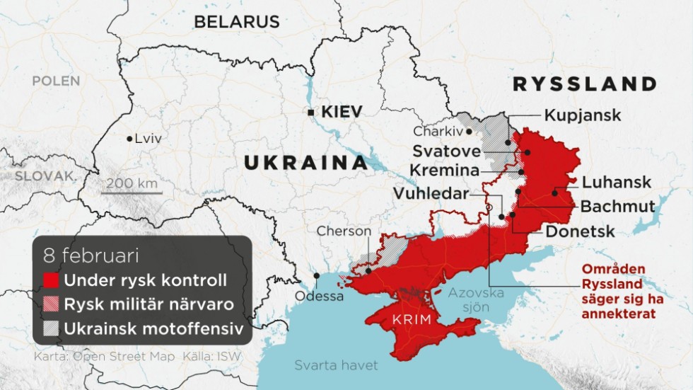 Områden under rysk kontroll, områden med rysk militär närvaro, ukrainska motoffensiver samt annekterade områden, den 8 februari.