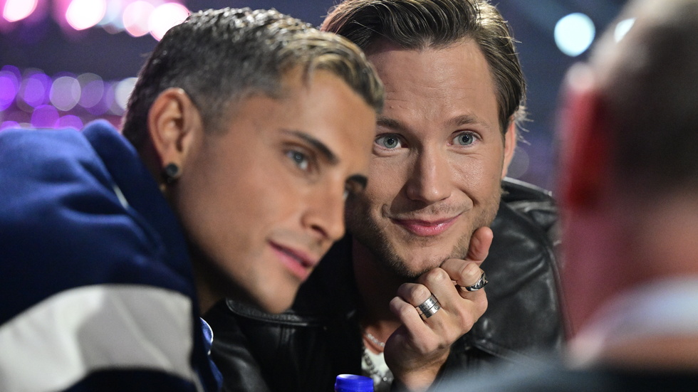 Samir Badran och Viktor Frisk under genrepet i Malmö Arena under Melodifestivalen 2024.