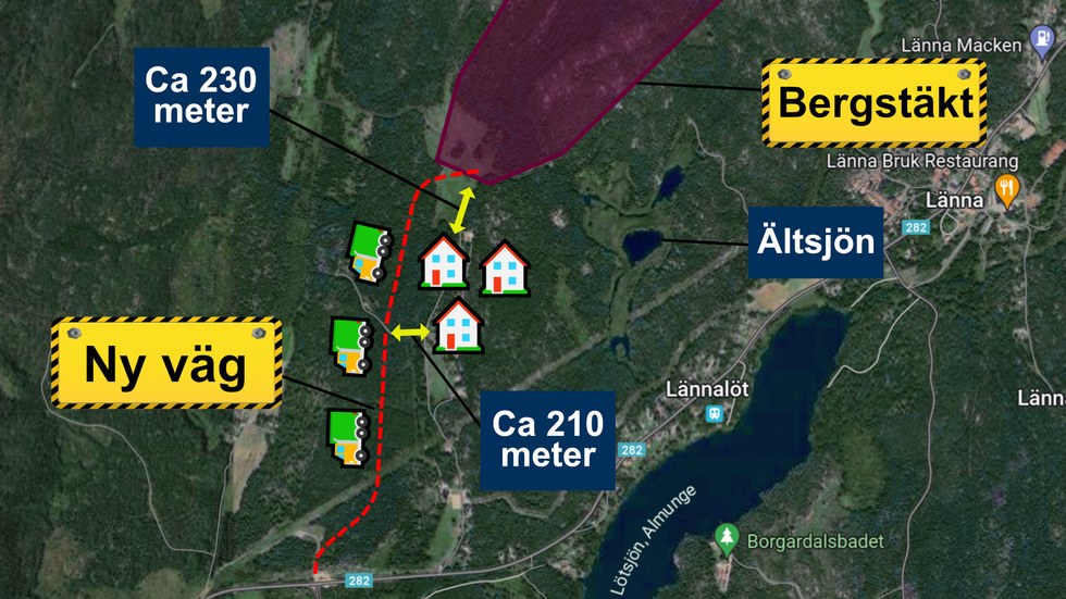 Kartan visar planen för var bergtäkten och den nya vägen ska placeras, om Holmen får godkänt tillstånd. Framför allt boende i Myskdalen, markerat med hus på kartan, kan komma att störas av buller och tung trafik.