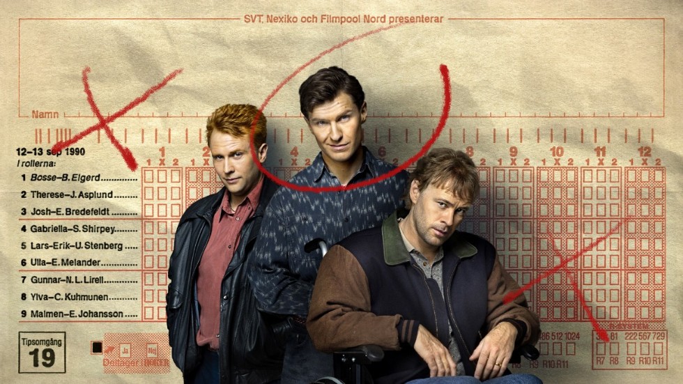 "Spelskandalen" visar upp en tidsdokument från 90-talet. Josh (Edvin Bredefeldt), Lars-Erik (Ulf Stenberg) och Bosse (Björn Elgerd) på reklamen.
