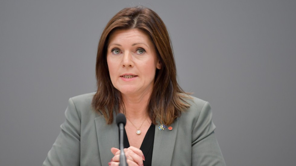 Arbetsmarknadsminister Eva Nordmark (S) håller en pressträff där hon tar emot utredningen om våld och trakasserier i arbetslivet.