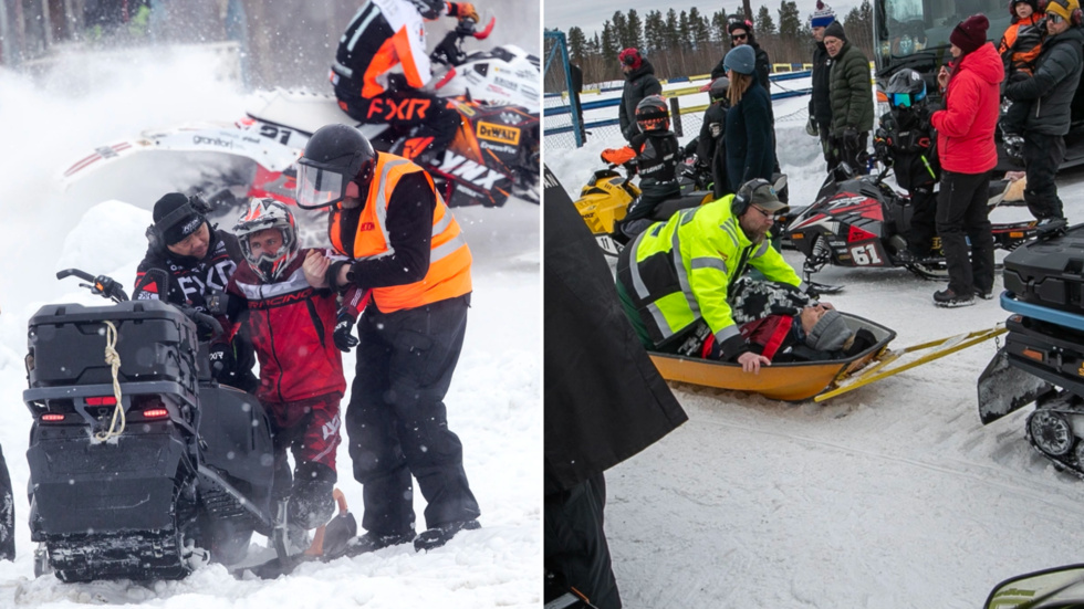 Petter Nårsa fick föras med pulka till den väntande ambulansen.