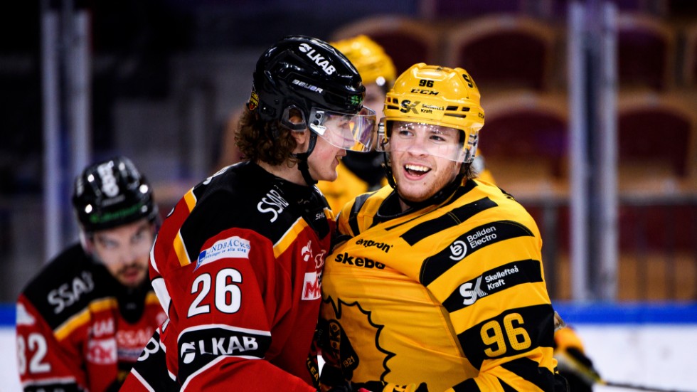 Radek Muzik, här i duell med Skellefteås Rickard Hugg, var på krigsstigen i slutet av matchen.