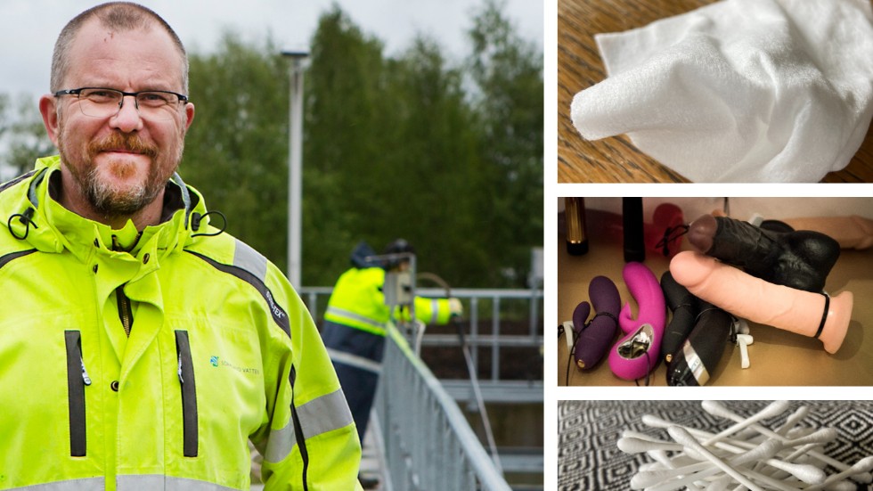 Sexleksaker och tops ställer till problem i avlopp och reningsverk, men det är våtservetterna som är det största problemet. "De slits sönder och tvinnar ihop sig till långa ormar som kan fastna i, och förstöra, pumpar", säger Jonas Elf, arbetsledare på Rosenholm.
