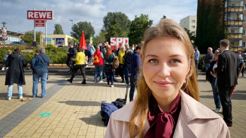 Jana på plats då socialdemokraten Olaf Scholz håller valmöte i Potsdam.