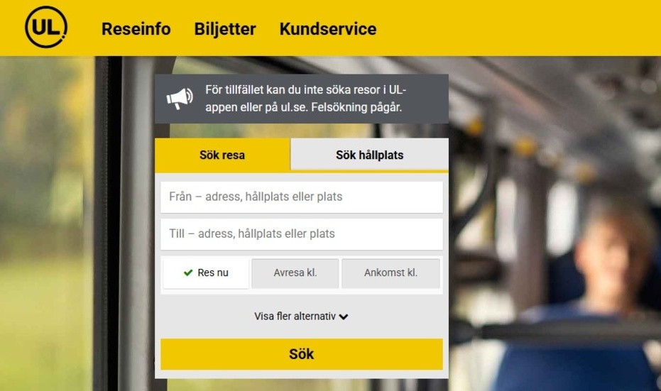 I UL:s app möts man av ett meddelande om problemet.