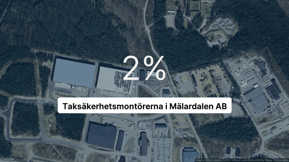 Illustrationen visar rörelsemarginalen för Taksäkerhetsmontörerna i Mälardalen för det senaste året. Bakgrunden är en satellitbild över företagets adress.