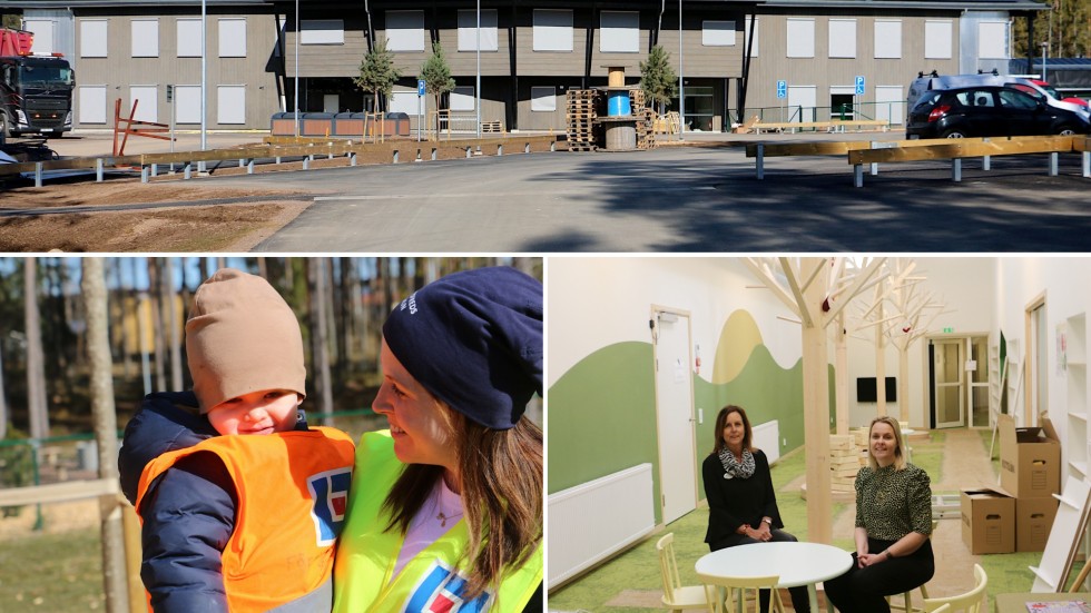 Nya förskolan Växthuset i Hultsfred blir en äkta Barnens arena, med en fullständigt unik utemiljö. Och skog både ute och inne. I bokskogen sitter rektorerna Annelie Johansson och  Marie Karlsson. Till vänster ses Frida Sallermo som kommer att jobba som förskollärare på Växthuset. Här tillsammans med Antonio Dräger. 