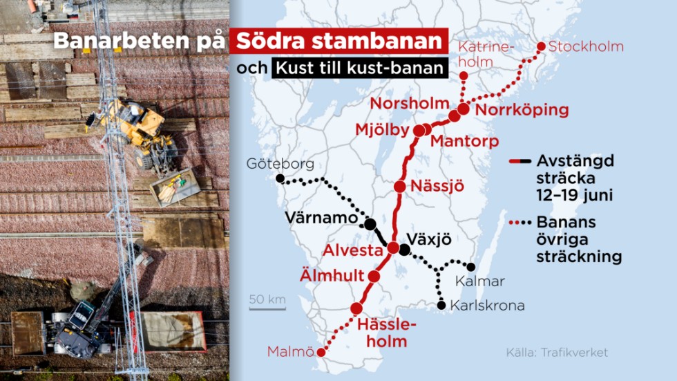 Avstängda sträckor under vecka 24 Södra stambanan och Kust till kust-banan. Bland annat ska växlar och spår bytas, ställverk moderniseras och teknikhus uppgraderas.