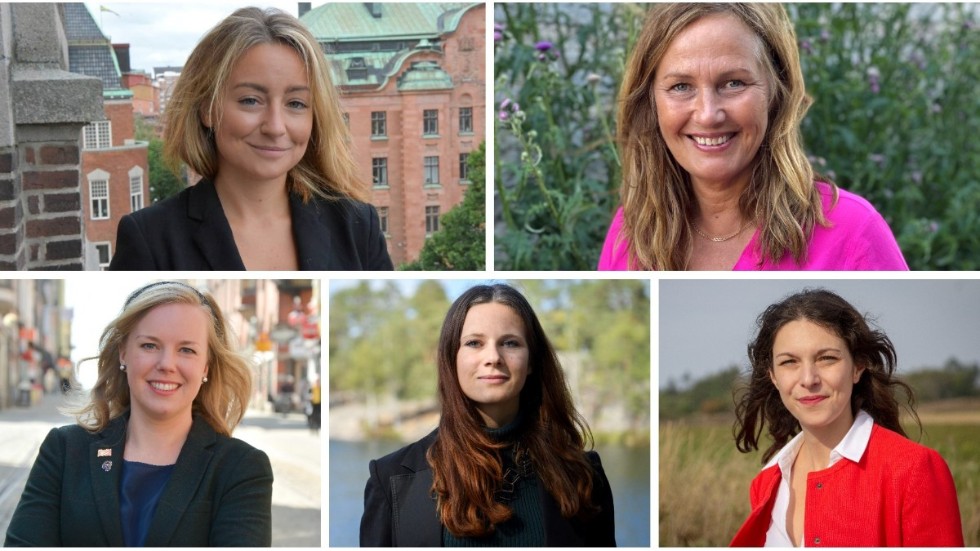Clara Aranda, Juno Blom, Linda Westerlund Snecker, Rebecka Le Moine och Teresa Carvalho tar alla plats på Östgötabänken i riksdagen.