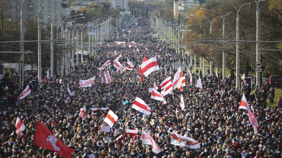 Demonstrationerna i Belarus 2020 och 2021 skedde över hela landet, med hundratusentals deltagare. Arkivbild från oktober 2020.