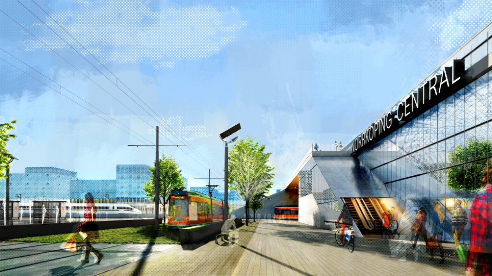Här är ett av alternativen till Norrköpings nya centralstation, järnvägen i marknivå med många passager.