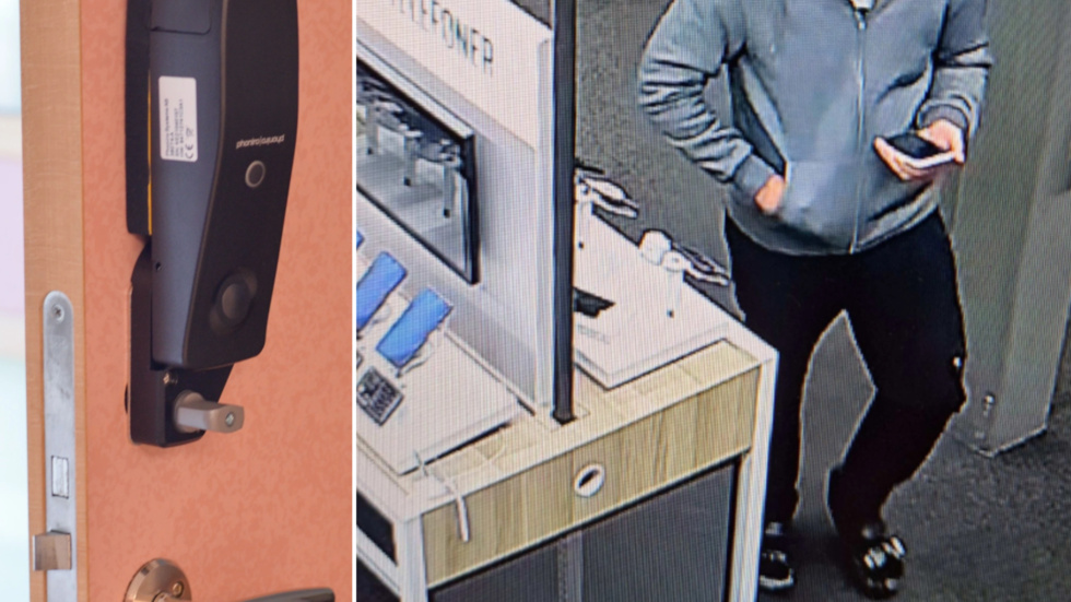 Här fotas mannen på Elgiganten i Västervik när han köper mobiltelefoner för de äldre mannens pengar. 