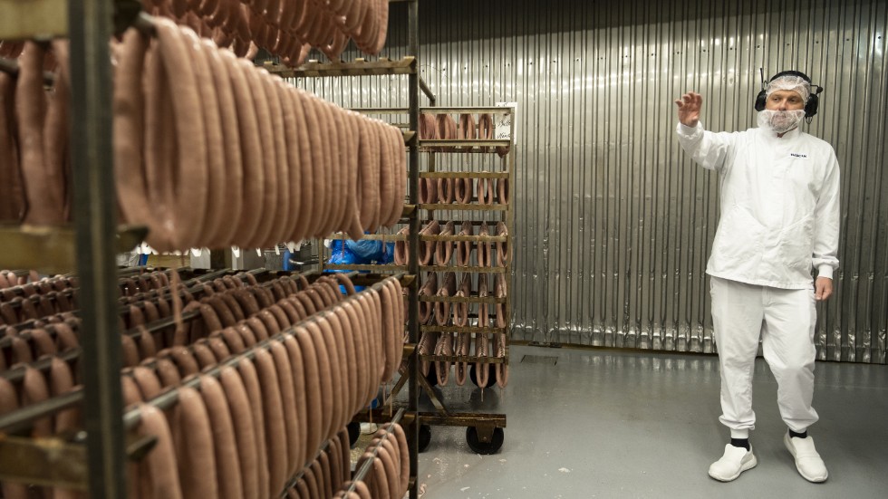 Korv i långa rader. Bullens pilsnerkorv tillverkas på HKScan i Linköping där Oskar Axelsson är produktionschef.