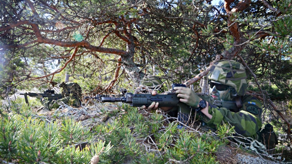 Cirka 26 000 personer deltar i militärövningen Aurora 23. Här några av amfibiesoldaterna som säkrar Krampö i Nyköpings skärgård där förbandet övar på att fördröja, eller allra helst stoppa det fientliga invasionsförsöket.