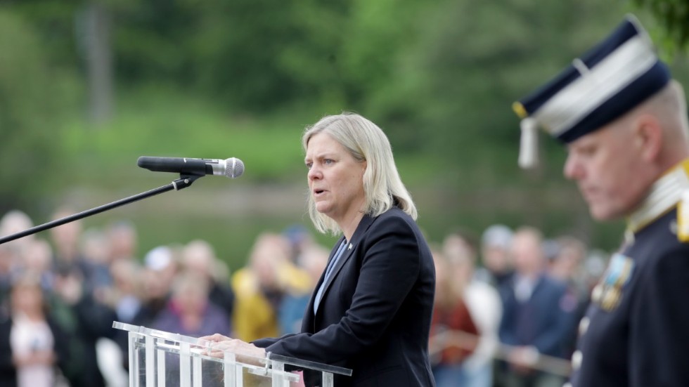 Statsminister Magdalena Andersson talar under veterandagen vid Sjöhistoriska museet i Stockholm på söndagen.