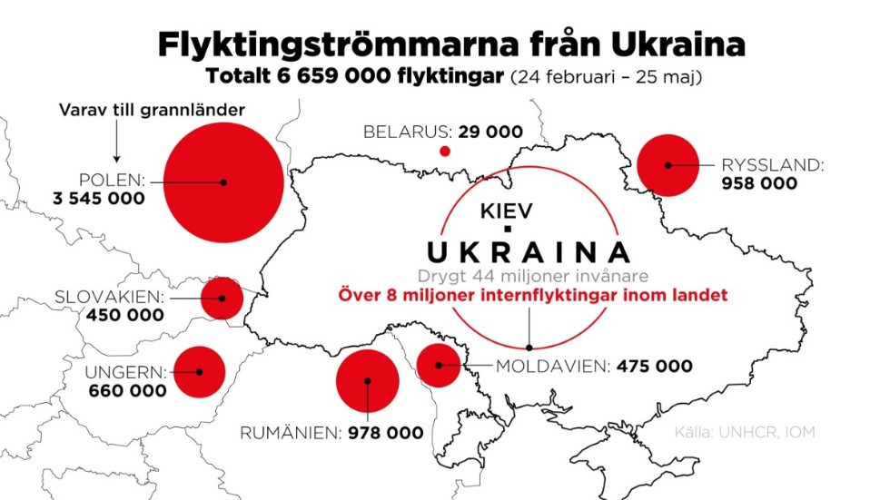 Antal människor som flytt Ukraina samt antal internflyktingar inom landet, 24 februari – 25 maj.