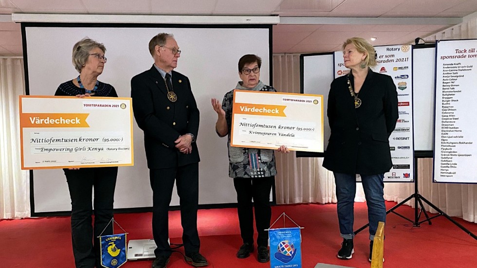 Västerviks Rotaryklubb och Västervik Arkipelag Rotaryklubb delar ut pengar som samlades in under tomteparaden 2021. Margareta Wargelius, Rotary doctors, Sven Oscarsson, Västerviks Rotaryklubb, Eivor Holmquist, Kvinnojouren Vändela, Maria Opoku, Västervik Arkipelag.
