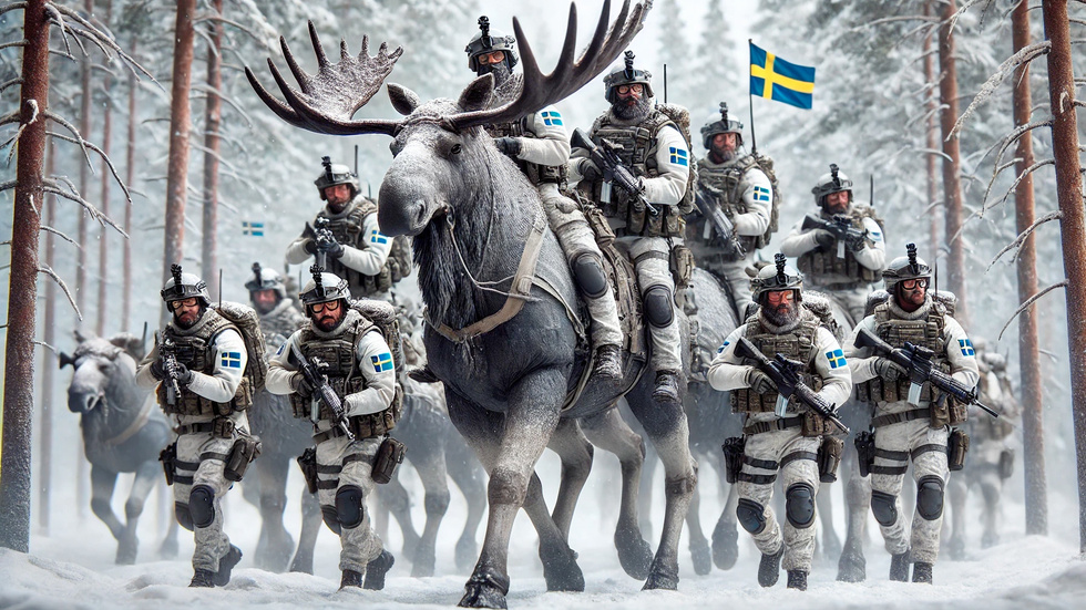 Bilden på det fejkade älgkavalleriet är gjord av Folkbladet som en del av tidningens aprilskämt.
