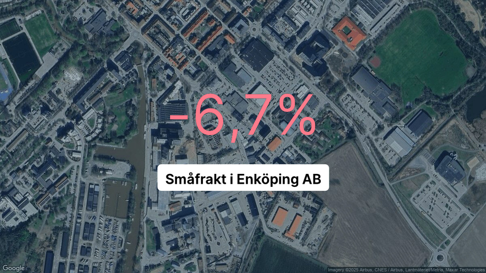 Illustrationen visar rörelsemarginalen för Småfrakt i Enköping för det senaste året. Bakgrunden är en satellitbild över företagets adress.