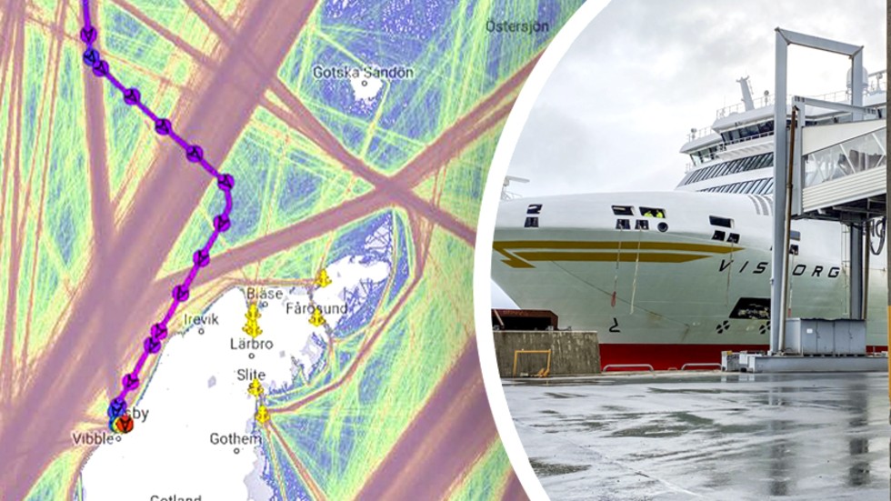 Enligt fartygspositioneringssajten Marinetraffic.com gjorde M/S Visborg sin kraftiga gir rakt norr om Hallshuk på norra Gotland strax före klockan 14. Den lila prickade linjen visar Visborgs rutt, och de gröna och rosa fälten visar farleder för fartyg.