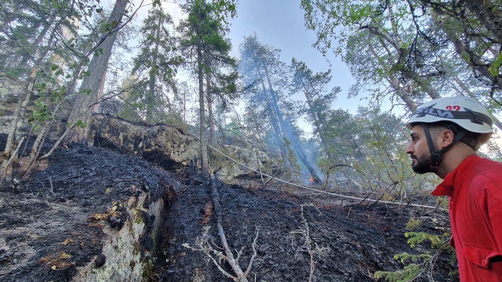 Branden i naturreservatet på Rudjärvberget var inom ett naturreservat, på en otillgänglig plats. "Det var jobbigt att ta sig upp", säger Ali Al Abbood från räddningstjänsten i Överkalix. Här är branden under kontroll.