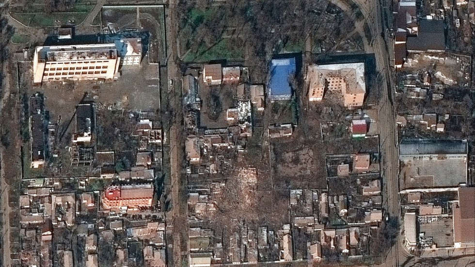 En satellitbild över den belägrade hamnstaden Mariupol. Arkivbild