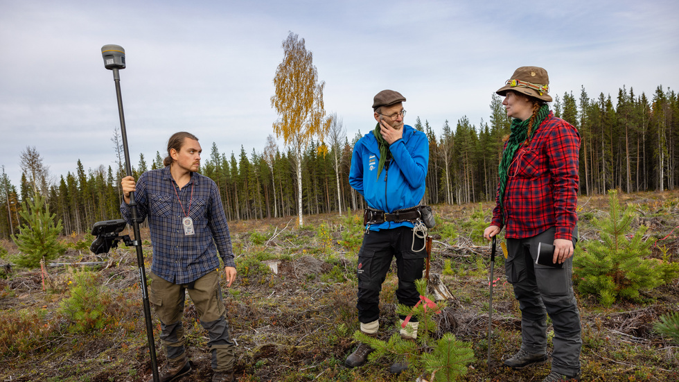 Nyligen hittades vad som kan vara en av Nordens äldsta kända gravmonument. Fyndet utanför Västra Ansvar i Överkalix kommun hade kraftiga skador från skogsbrukets markberedning. Här diskuterar arkeologerna Sebastian Lundkvist, Lars Backman och Frida Palmbo dokumentationen av det skadade grav- och boplatsområdet.