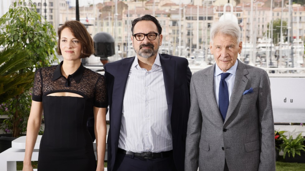 Motspelaren Phoebe Waller-Bridge och regissören James Mangold var också med på presskonferensen, men Harrison Ford fick mest uppmärksamhet.