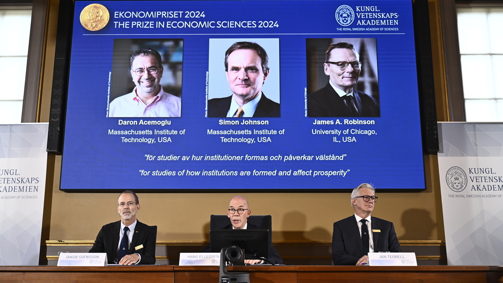 Sveriges Riksbanks pris i ekonomisk vetenskap till Alfred Nobels minne 2024, som går till Daron Acemoglu, Simon Johnson och James A Robinson